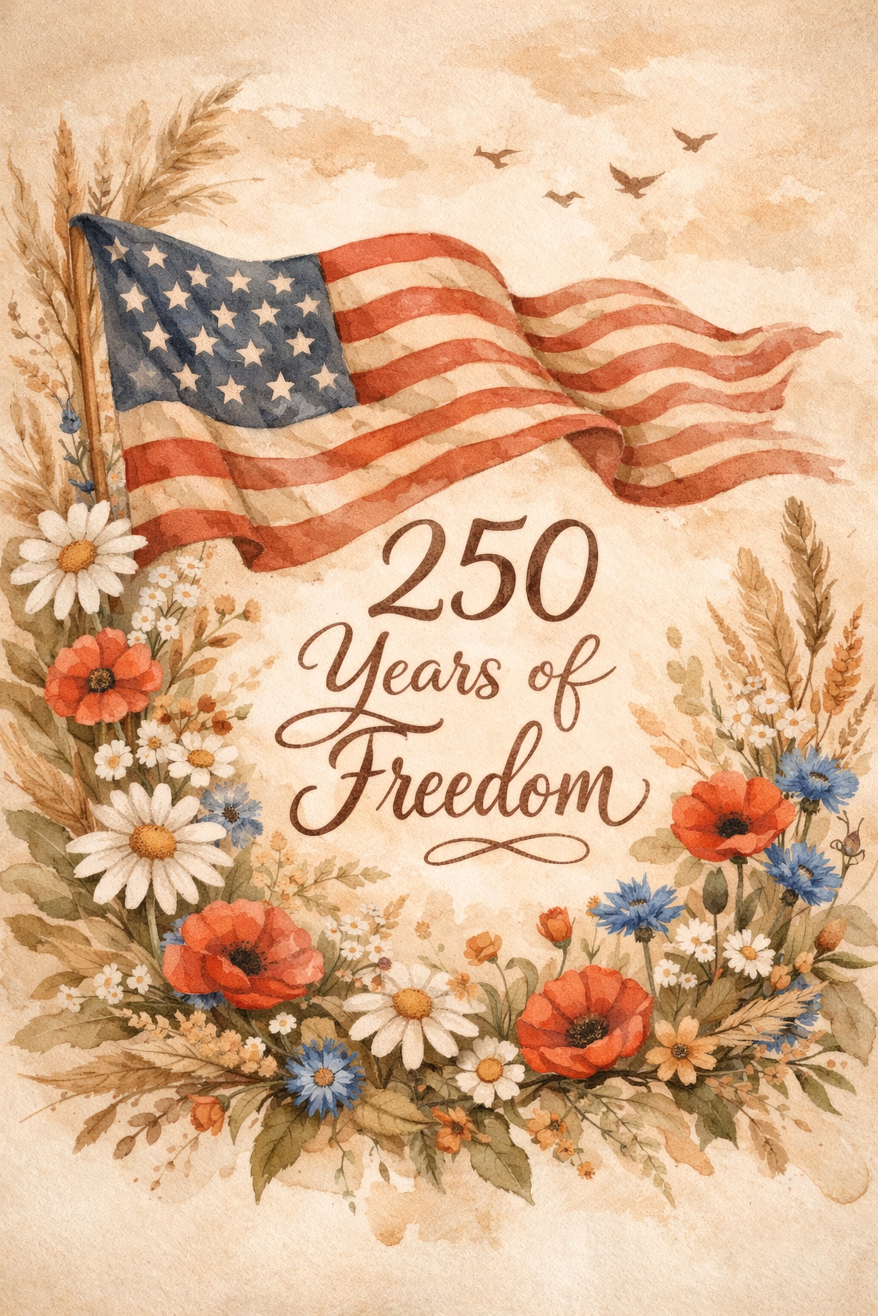 250 Years of Freedom Floral – Patriotic Anniversary Botanical Art — Patriotic Wall Art 1776-2026