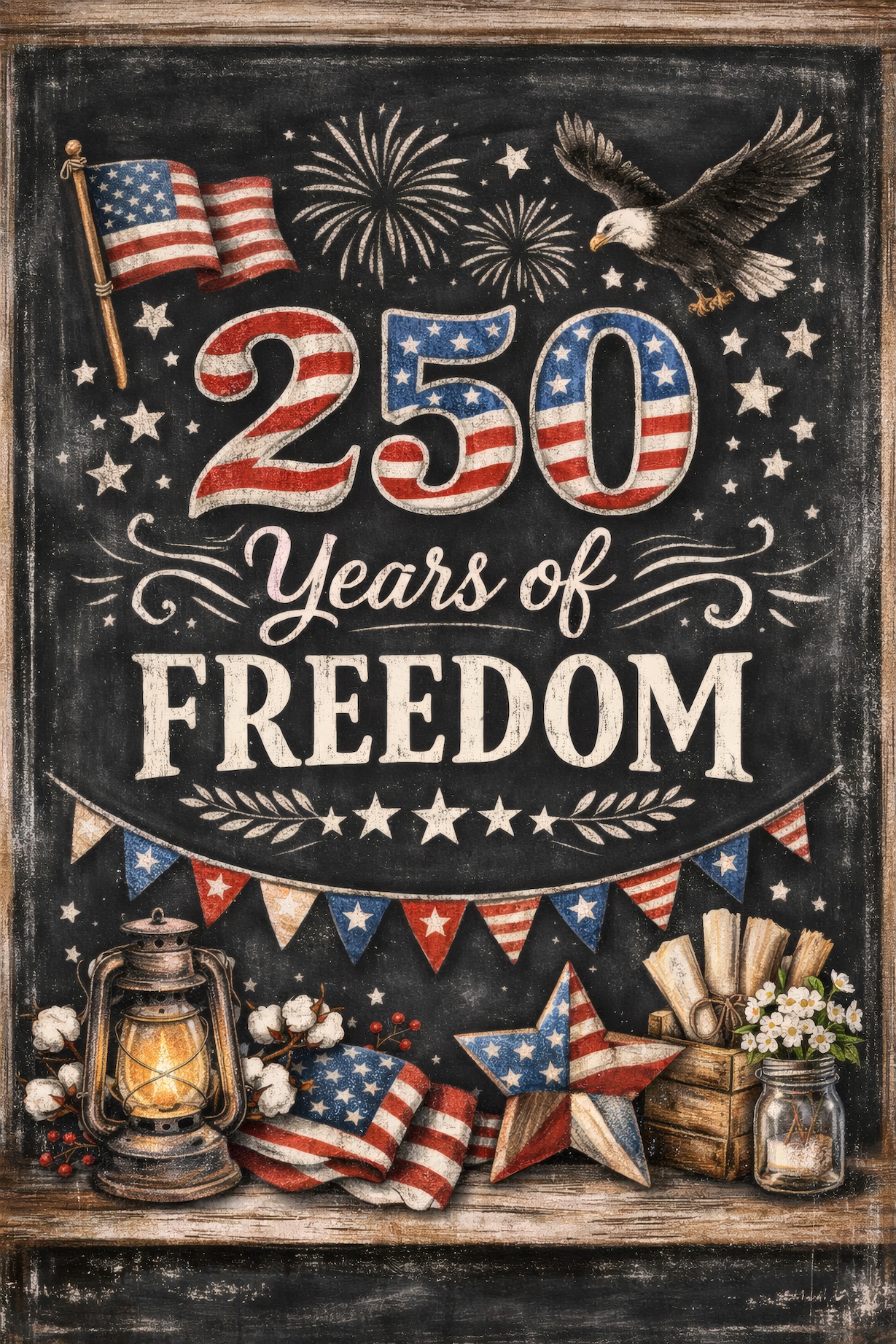 250 Years of Freedom – Stars and Stripes Anniversary Typography Art — Patriotic Wall Art 1776-2026