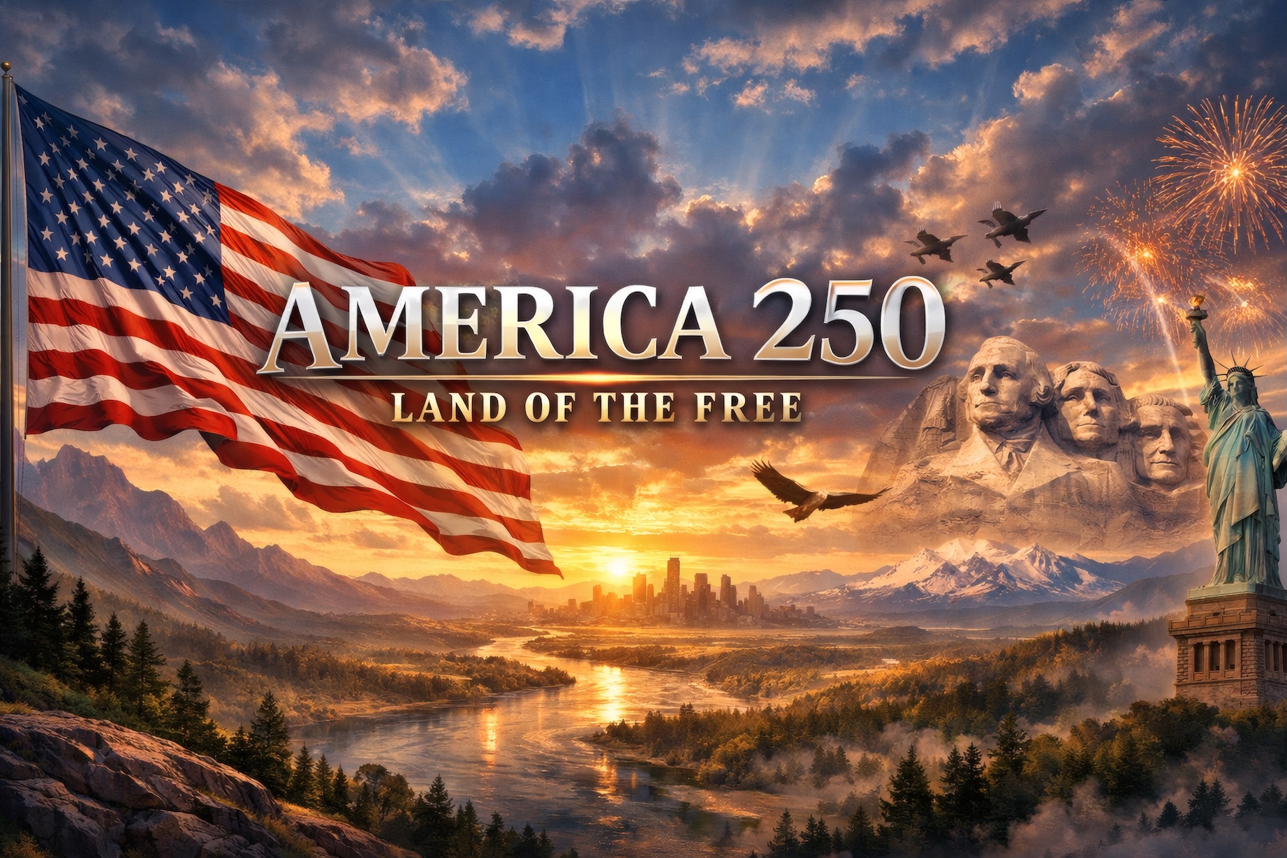 America 250 Land of the Free – Sunset Landscape Patriotic Poster — Patriotic Wall Art 1776-2026