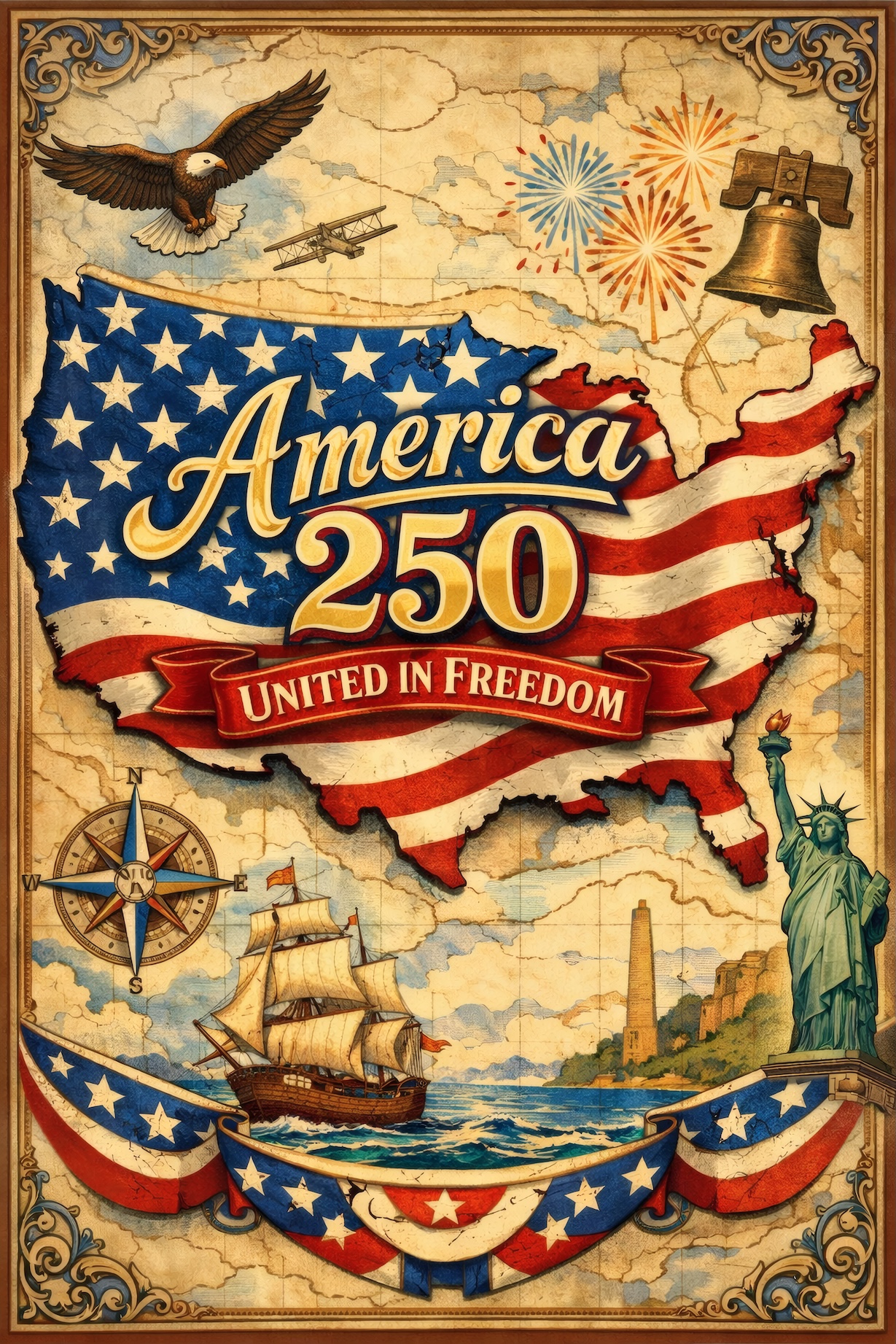 America 250 United in Freedom – Vintage Patriotic Map Heritage Art — Patriotic Wall Art 1776-2026