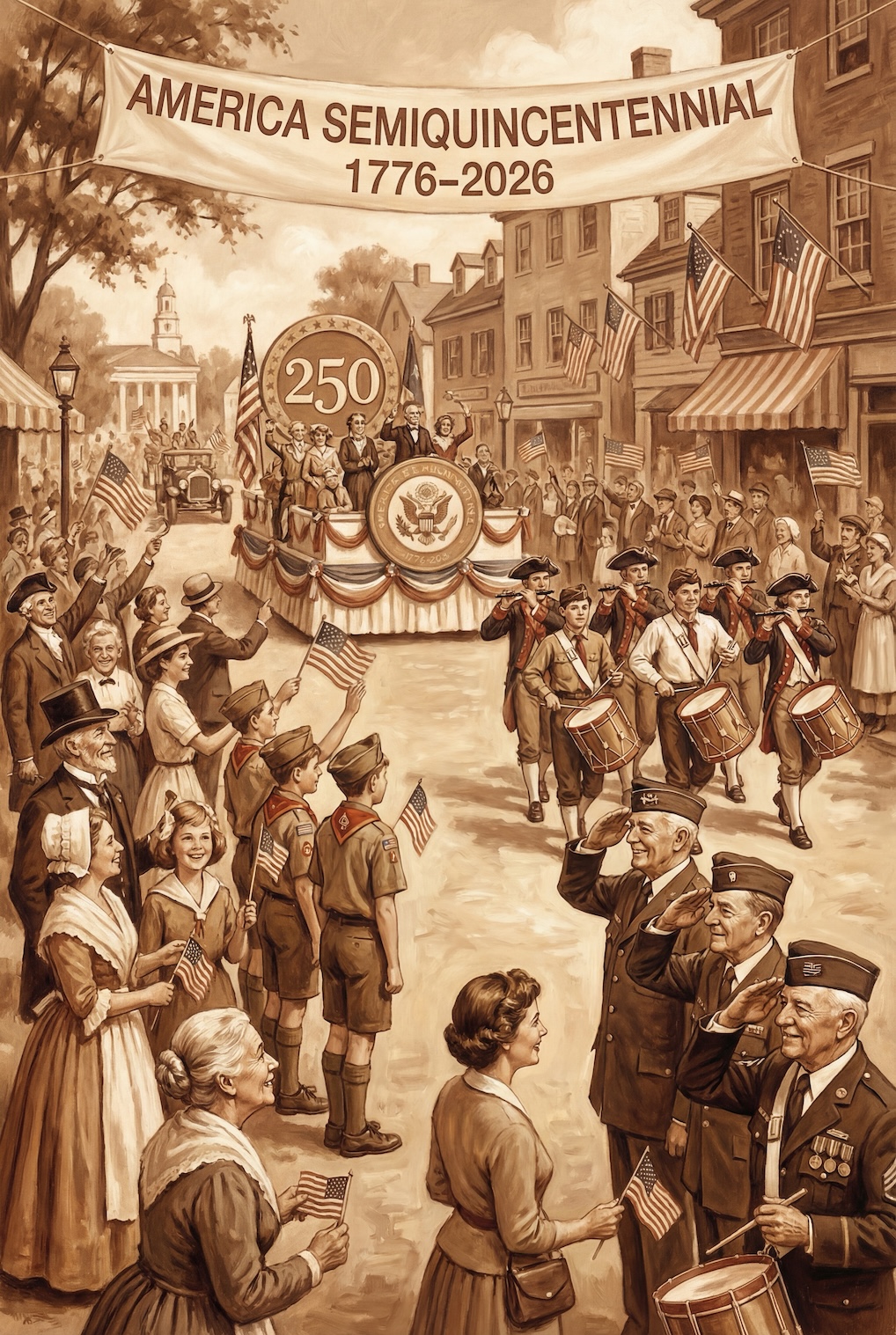 America Semiquincentennial Vintage Scene – 1776–2026 Heritage Celebration — Patriotic Wall Art 1776-2026