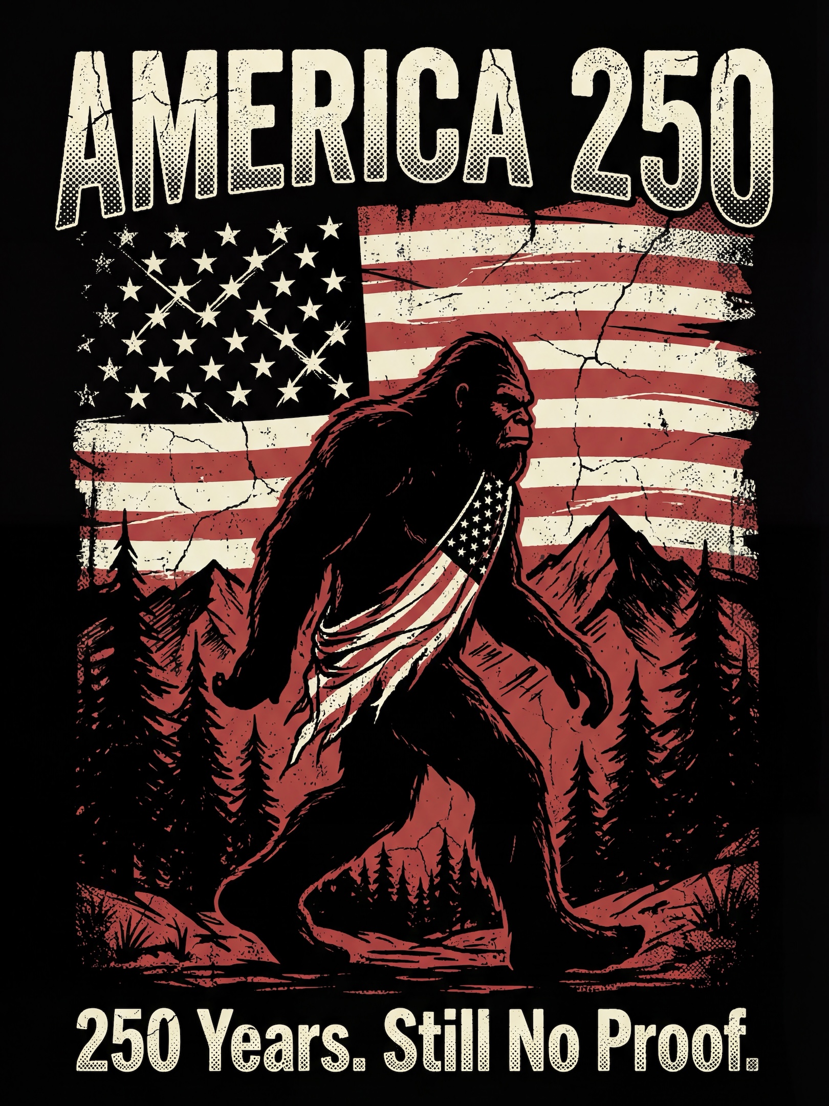 Bigfoot Celebrates America 250 – Still No Proof Novelty Patriotic Art — Patriotic Wall Art 1776-2026