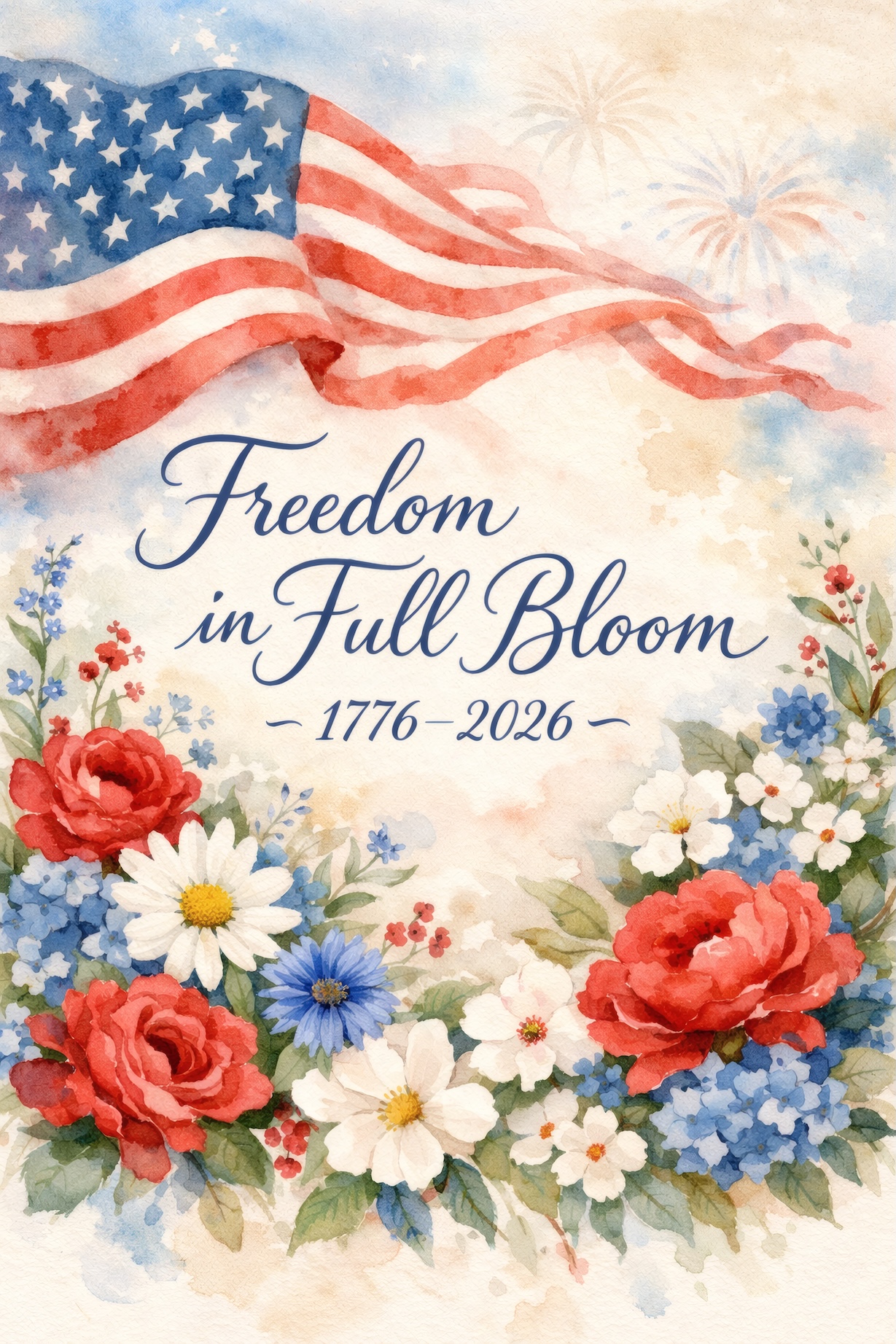 Freedom in Full Bloom – USA 250 Floral Patriotic Anniversary Art — Patriotic Wall Art 1776-2026