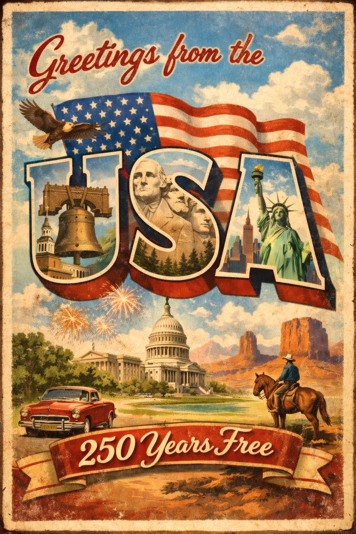 Greetings from the USA – Retro Travel Postcard America 250 Art — Patriotic Wall Art 1776-2026