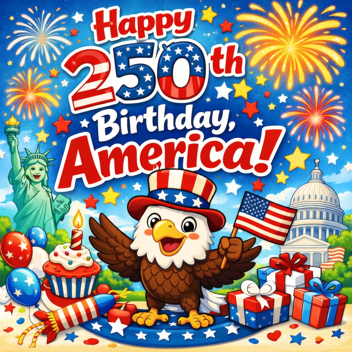 Happy 250th Birthday America – Festive Independence Day Celebration Print — Patriotic Wall Art 1776-2026