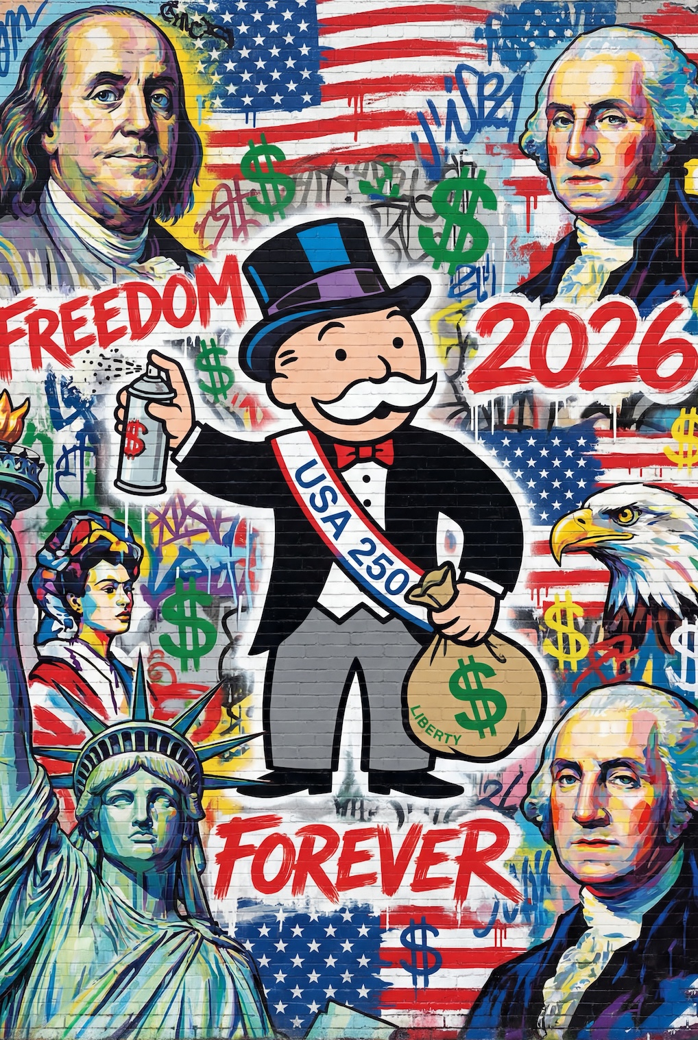 Monopoly-Style Freedom Art – America 250 Satirical Patriotic Illustration — Patriotic Wall Art 1776-2026