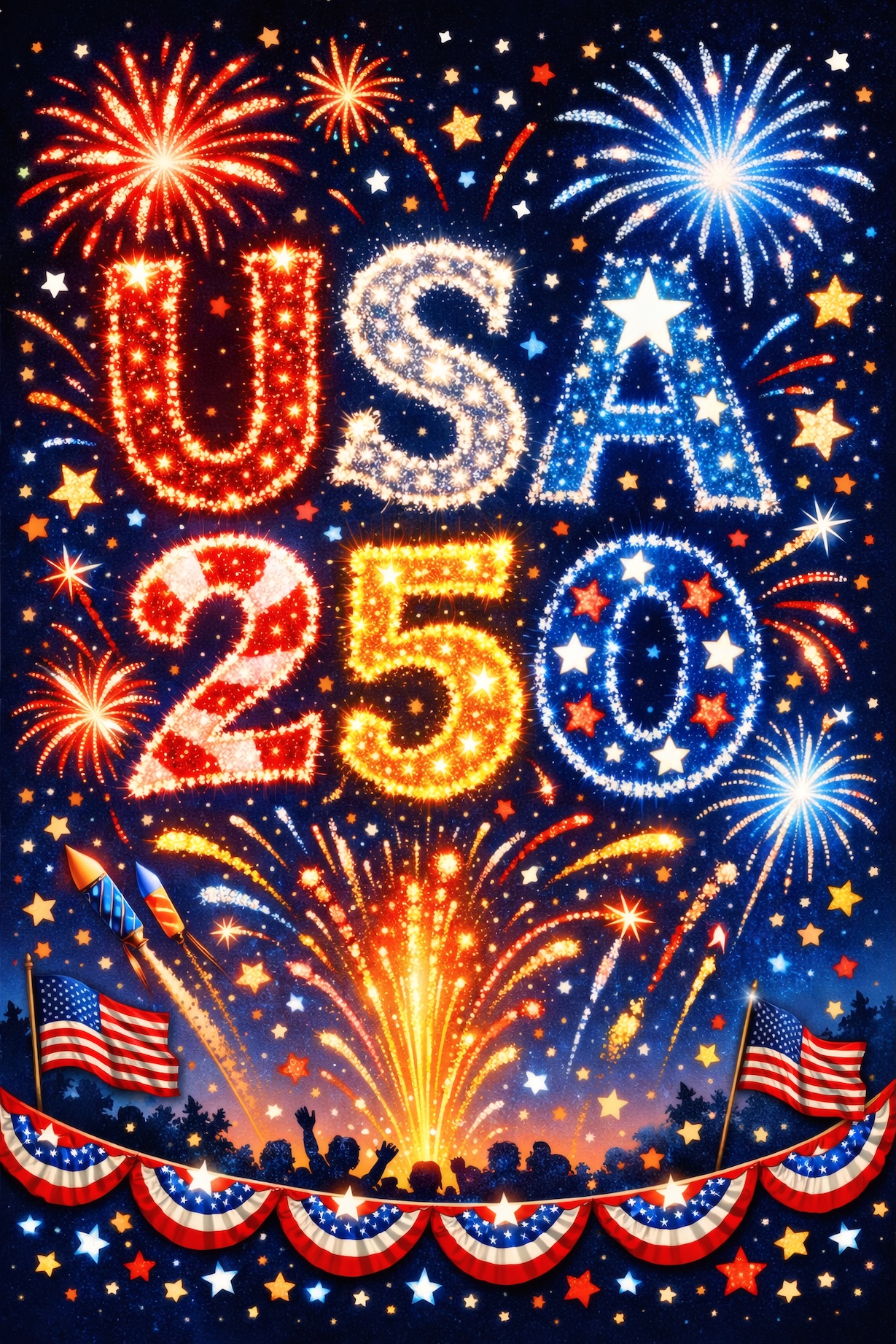USA 250 Fireworks Celebration – Red White Blue Anniversary Night Poster — Patriotic Wall Art 1776-2026