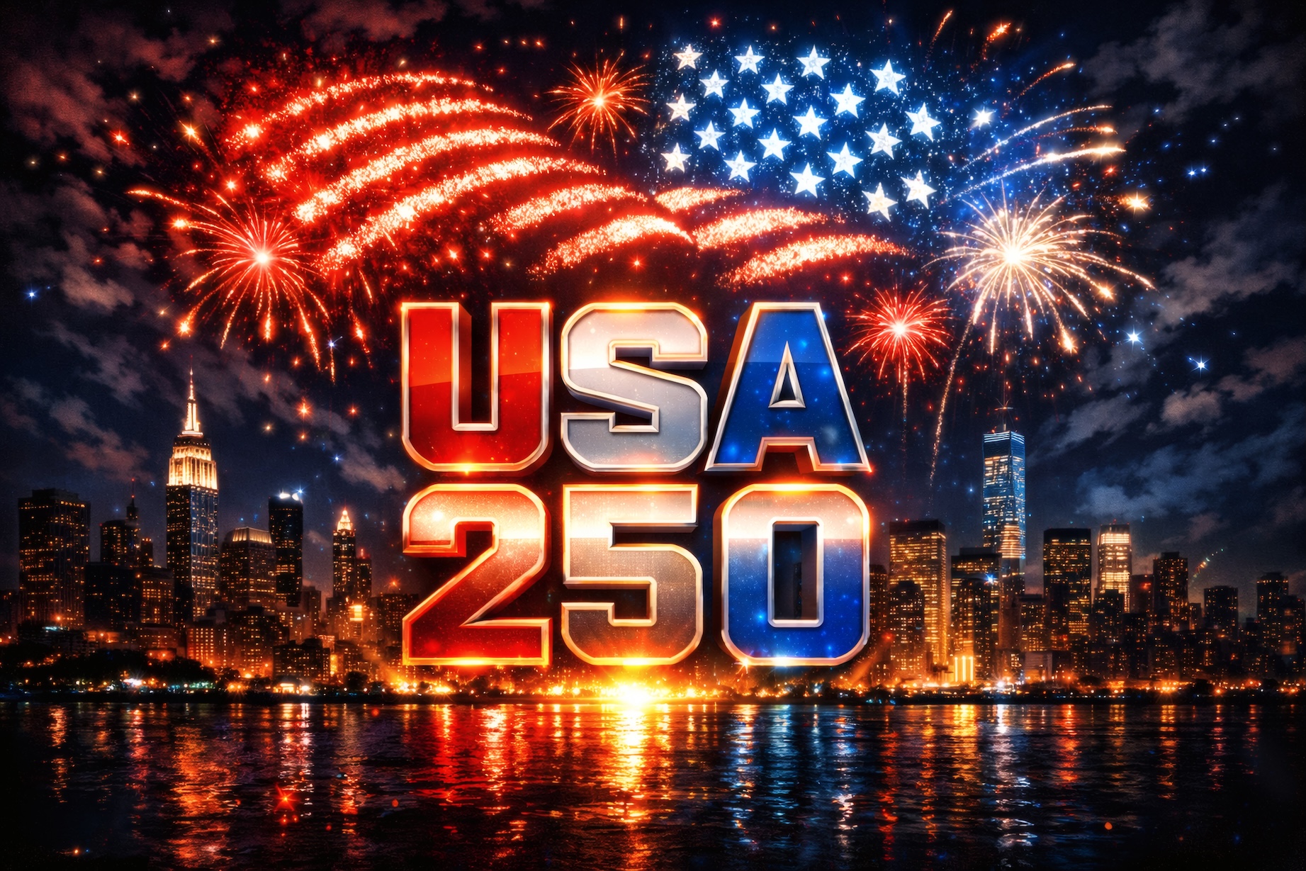 USA 250 Fireworks Skyline – Independence Day Celebration Night Art — Patriotic Wall Art 1776-2026