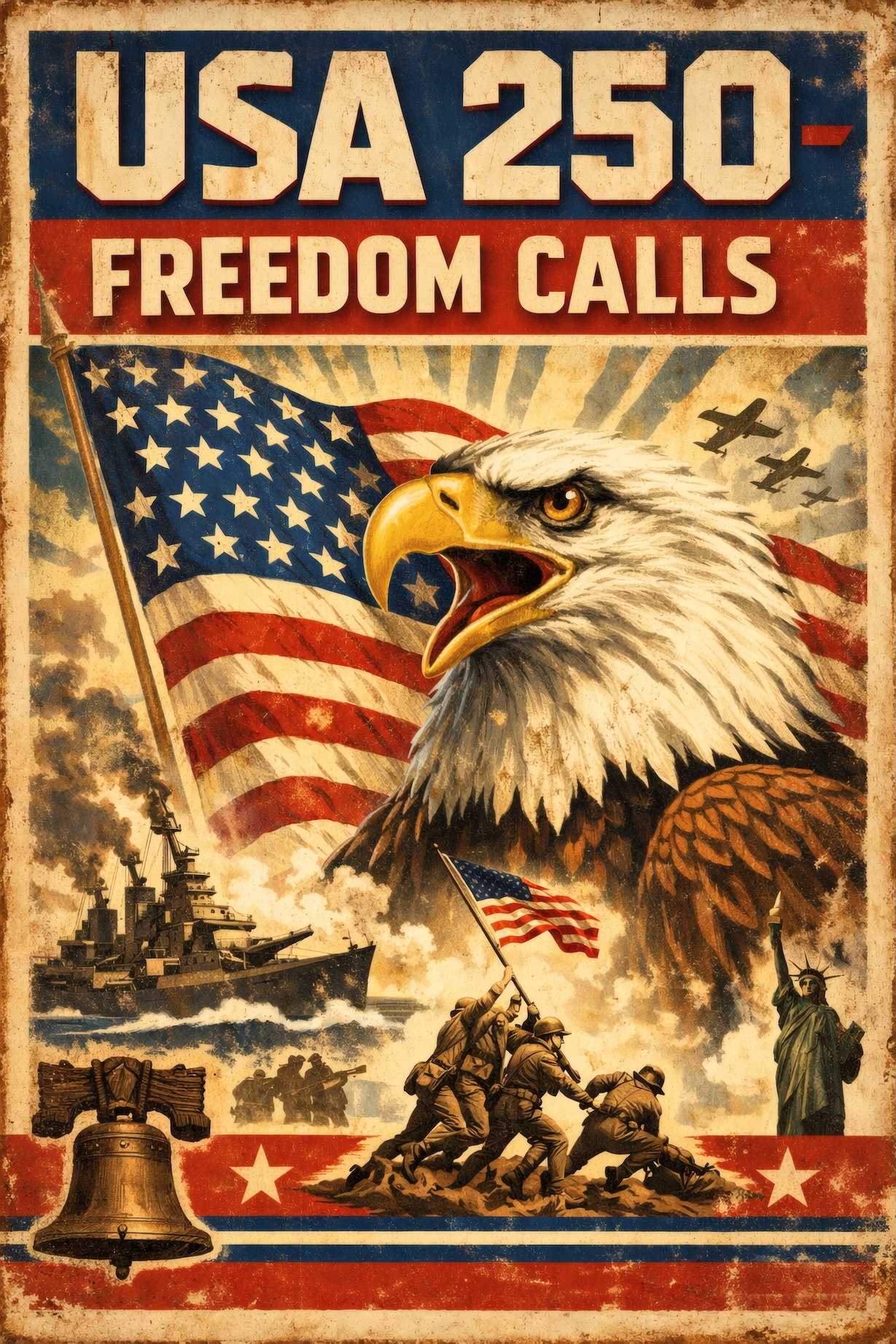USA 250 Freedom Calls – Eagle and Stars Patriotic Anniversary Poster — Patriotic Wall Art 1776-2026