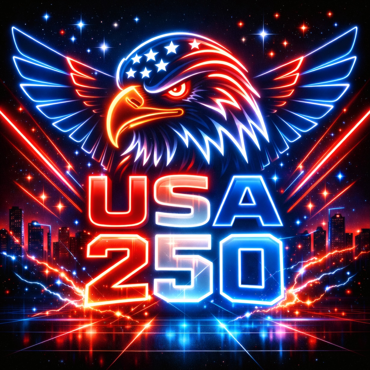 USA 250 Neon Eagle – Electric Patriotic Independence Anniversary Art — Patriotic Wall Art 1776-2026